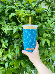 White Anchors on Teal  Coffee Cozy