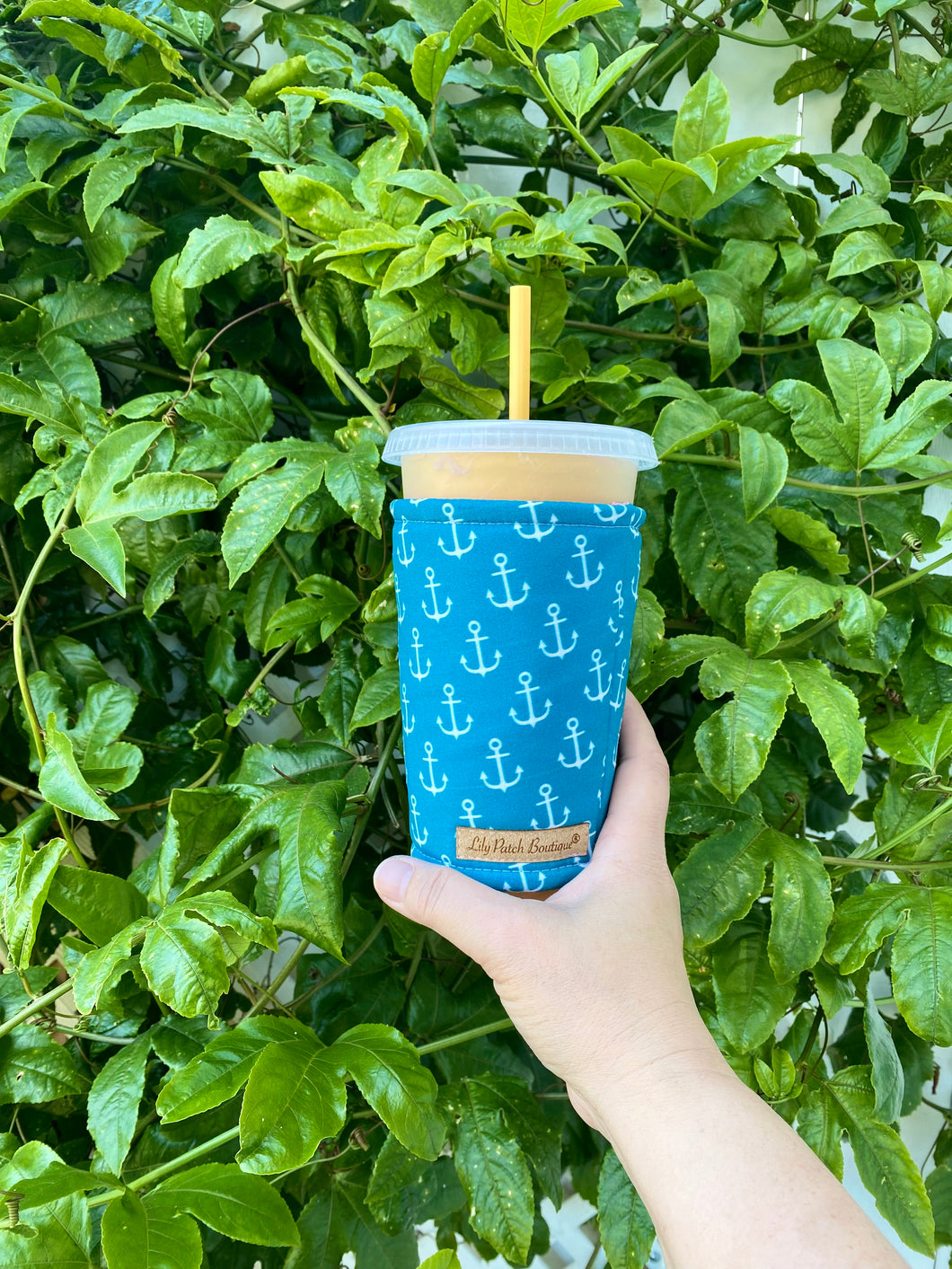 White Anchors on Teal  Coffee Cozy