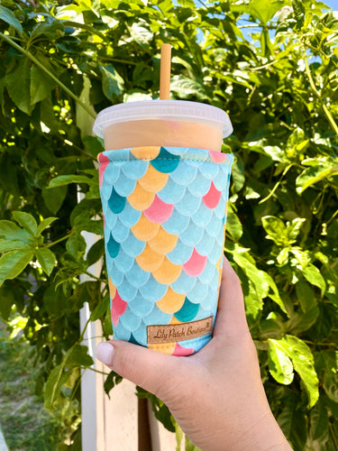 Mermaid Scales pink/teal/yellow  Cozy // Coffee Cozy