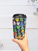 Rainbow Hearts on Black Coffee Cozy