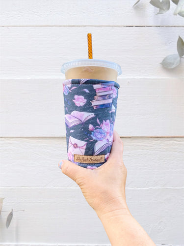 Purple Books and Florals on Black Cup Cozy / Coffee Cozy