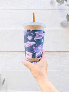 Purple Books and Florals on Black Cup Cozy / Coffee Cozy
