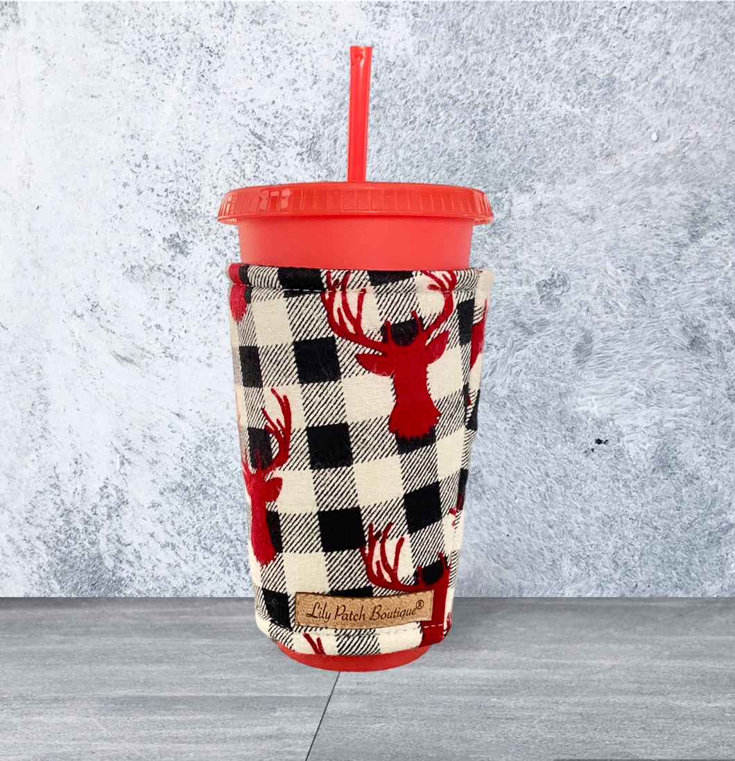Flannel Deer on Black and White Buffalo Plaid  Cozy // Coffee Cozy