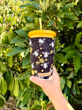 Bees and Florals on Black and Grey Background Coffee Cozy