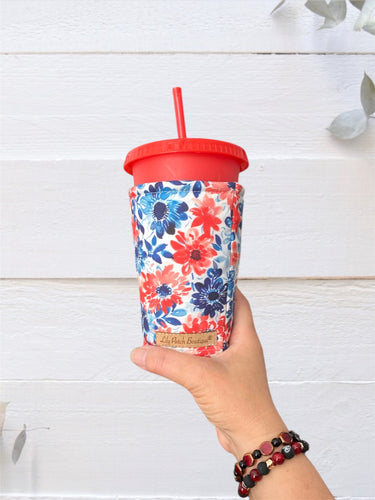 Blue and Red Florals on White Cup Cozy / Coffee Cozy