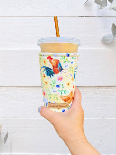 Chickens and Florals on creamy Yellow Cup Cozy / Coffee Cozy