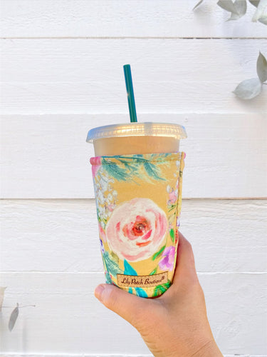 Autumn Bloom Pink Florals on Mustard Insulated Cup Cozy / Coffee Cozy