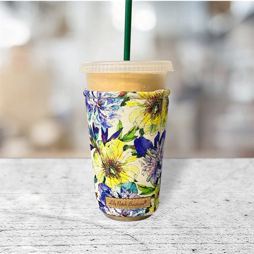 Blue, Purple and Yellow Florals Insulated Cup Cozy / Coffee Cozy