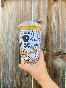 Boo! Halloween Ghosts, Pumpkins, Candy Corn, Spiders Insulated Cup Cozy / Coffee Cozy