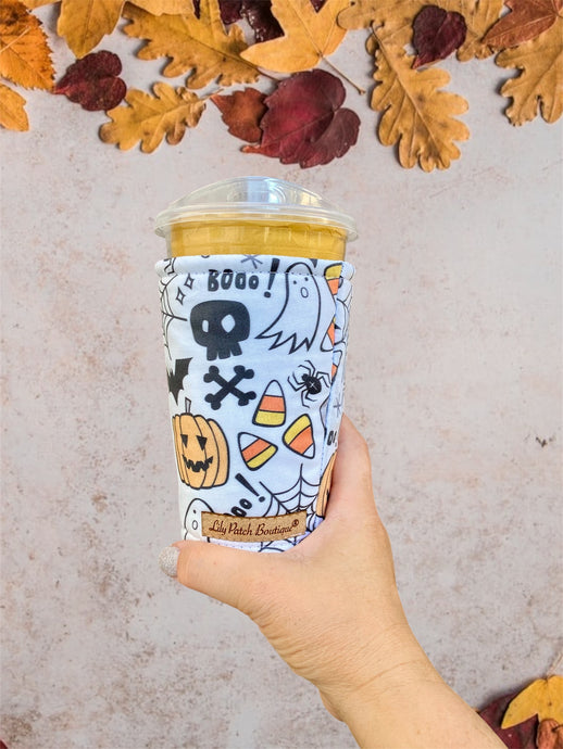 Boo! Halloween Ghosts, Pumpkins, Candy Corn, Spiders Insulated Cup Cozy / Coffee Cozy