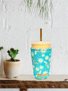 Bees, Daisies and Honeycombs on Teal Cup Cozy / Coffee Cozy