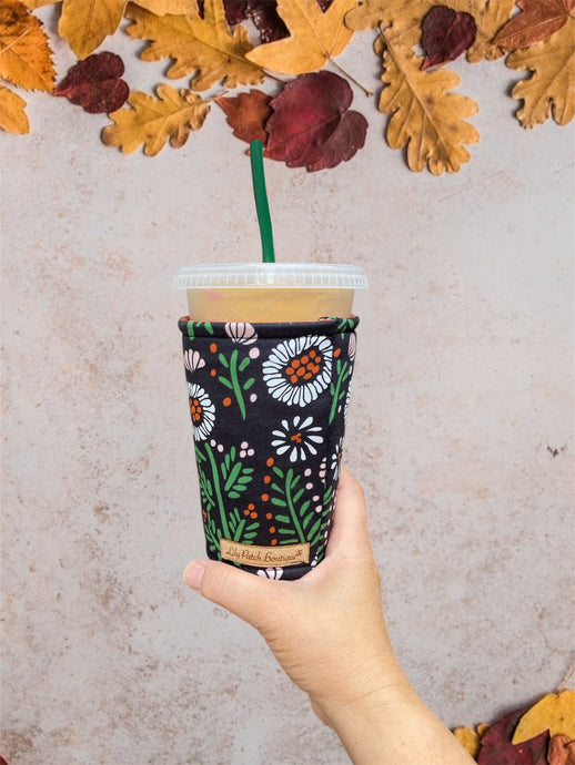 White Florals on Black  Insulated Cup Cozy / Coffee Cozy