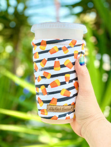 Candy Corn on Black and White Stripes Coffee Cozy // Cup Cozy