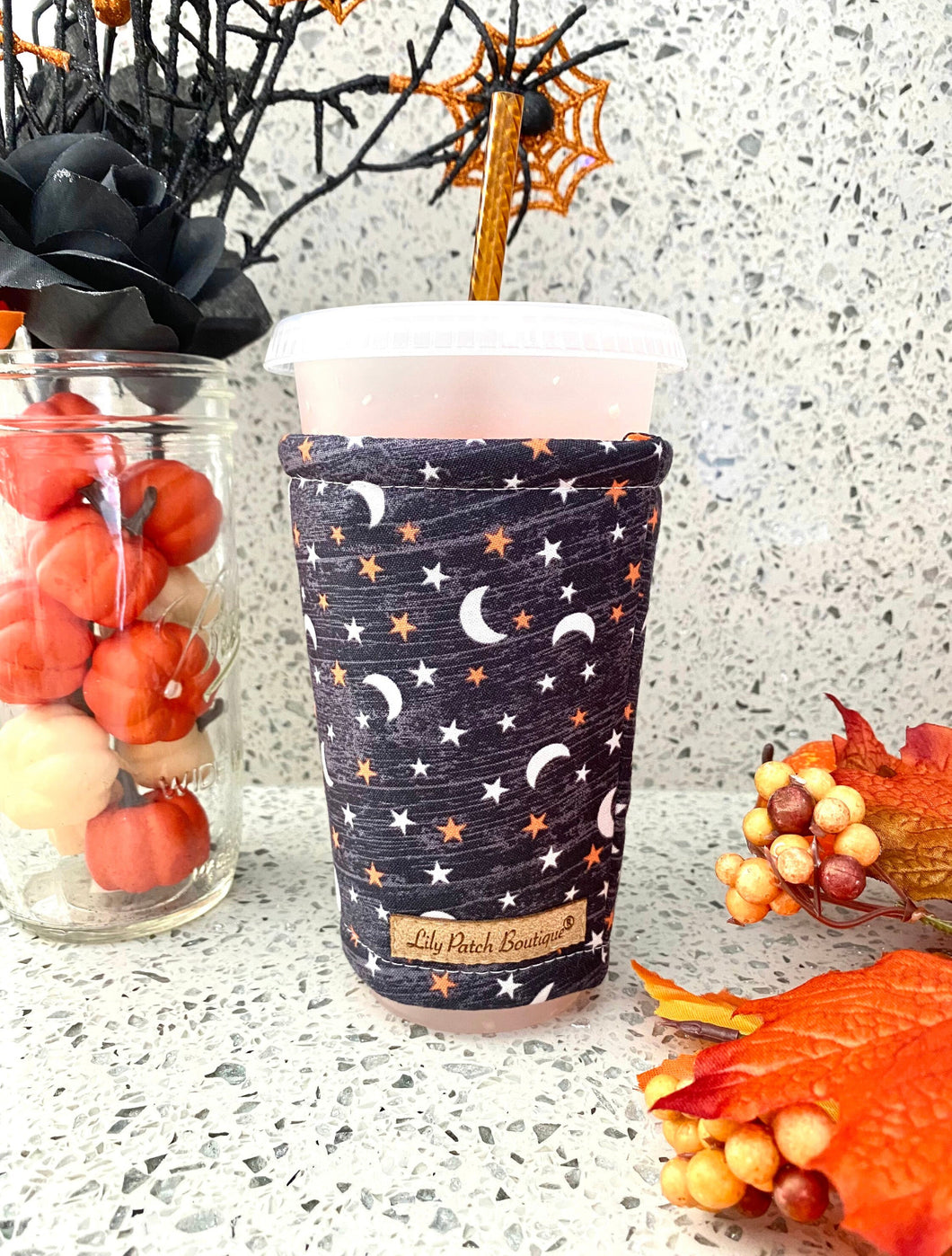 Moon and Stars on Black Coffee Cozy // Cup Cozy
