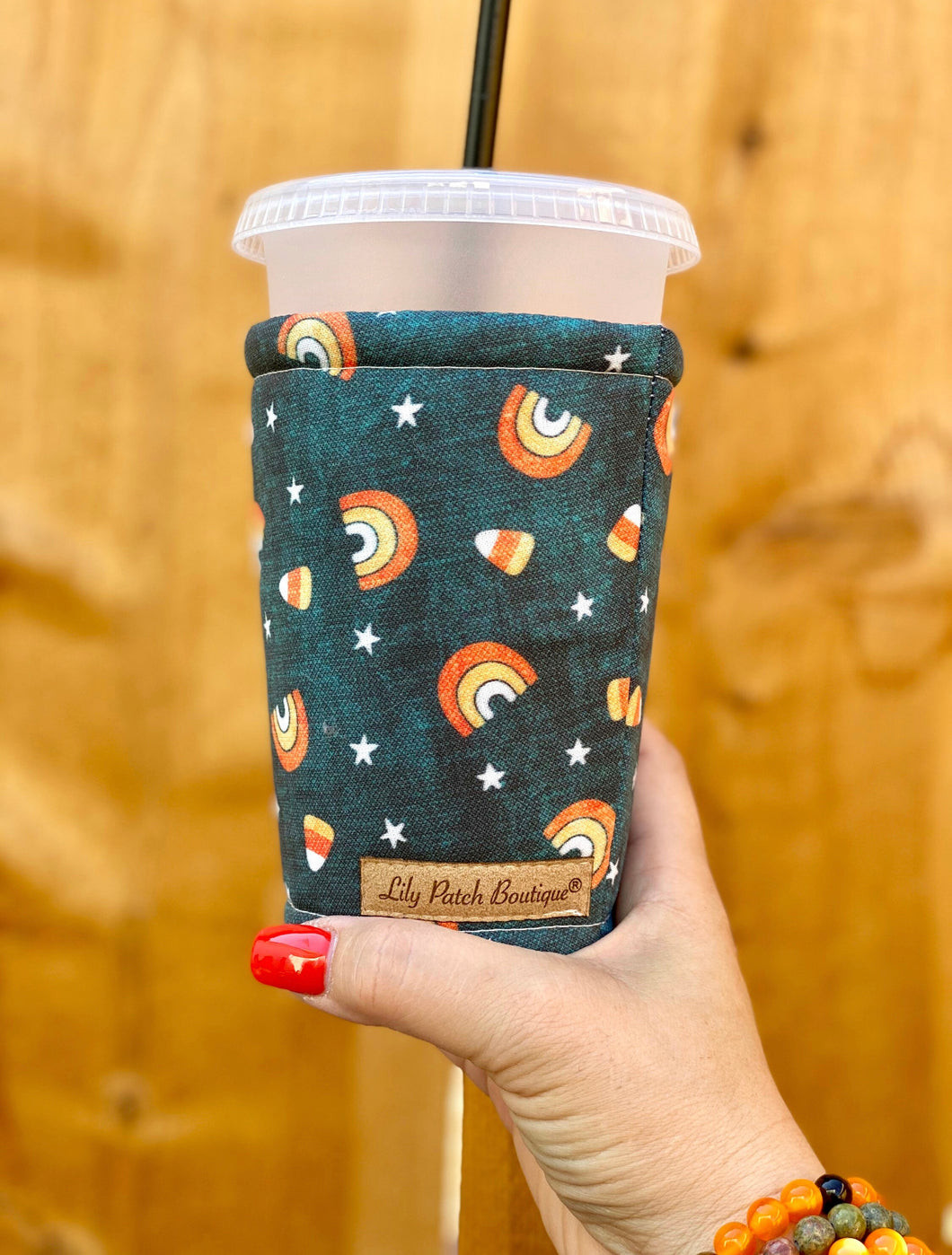 Candy Corn and Rainbows on Teal Coffee Cozy // Cup Cozy