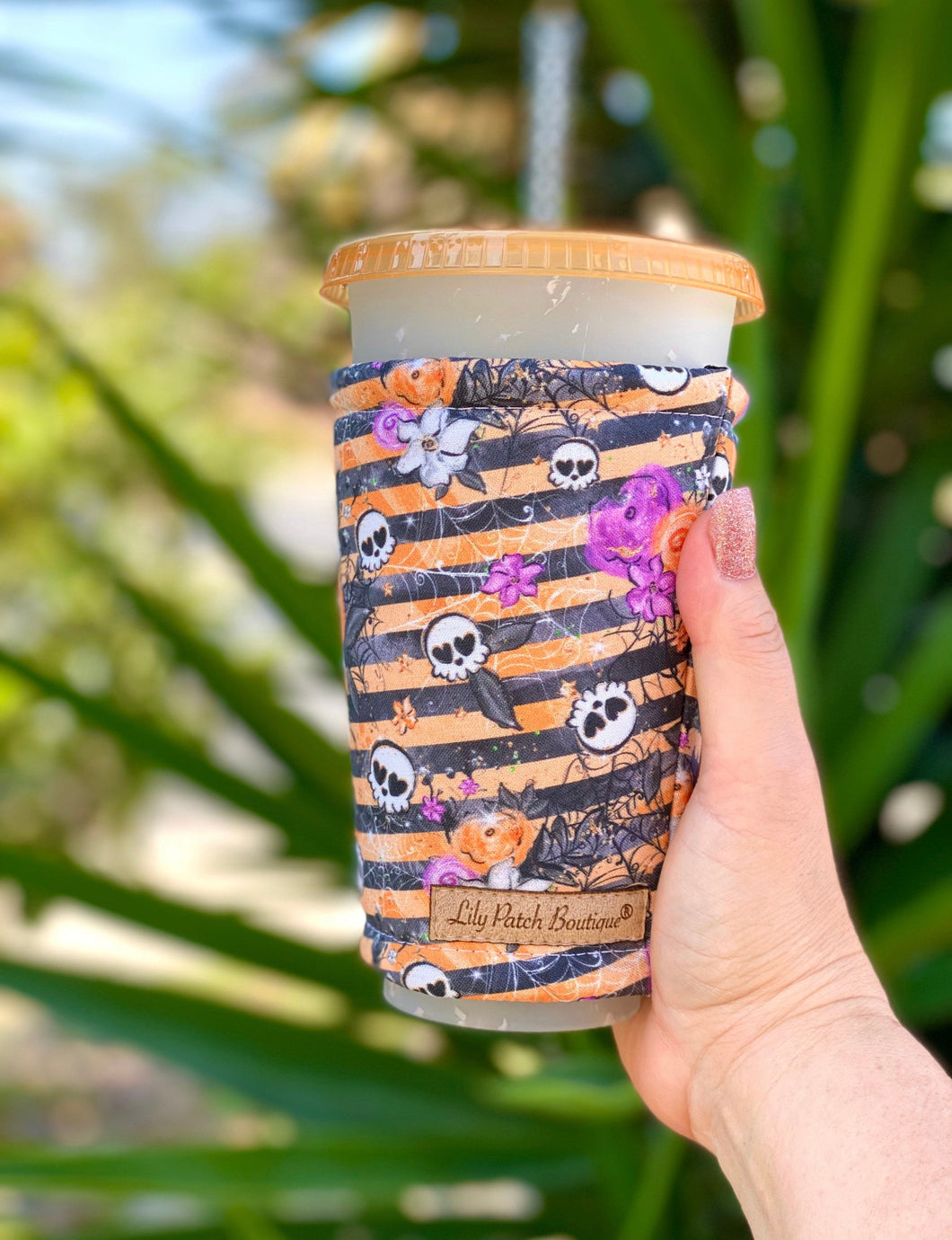 Skulls and Florals on Black and Orange Stripes Coffee Cozy // Cup Cozy