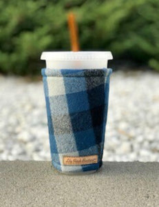 Blue Grey Black Flannel Plaid Coffee Cozy