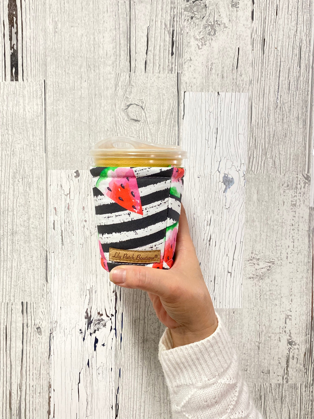 Watermelons on Black and White Stripes Coffee Cozy