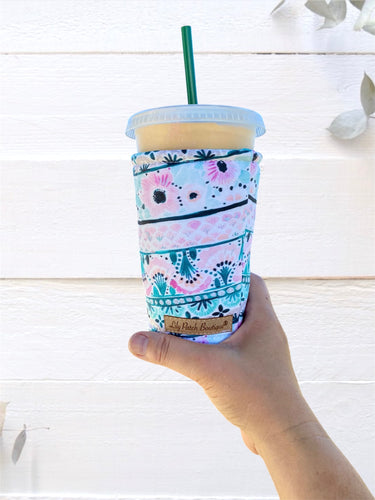 Pink and Teal Boho Florals with Stripes Insulated Cup Cozy / Coffee Cozy