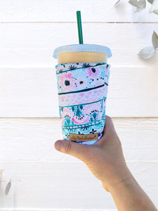 Pink and Teal Boho Florals with Stripes Insulated Cup Cozy / Coffee Cozy
