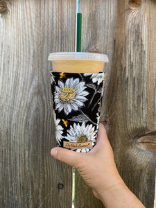 Bees and Daisies on Black Insulated Cup Cozy / Coffee Cozy