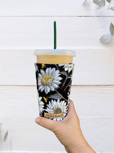 Bees and Daisies on Black Insulated Cup Cozy / Coffee Cozy