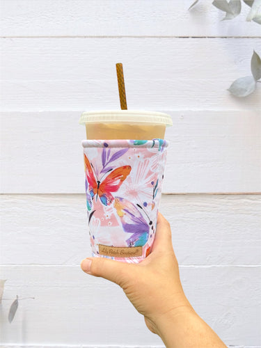 Painterly Butterflies in Blue, Pink, Orange, Purple and Red Cup Cozy / Coffee Cozy / Booksleeve