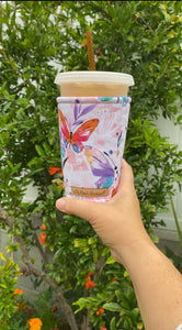 Painterly Butterflies in Blue, Pink, Orange, Purple and Red Cup Cozy / Coffee Cozy / Booksleeve