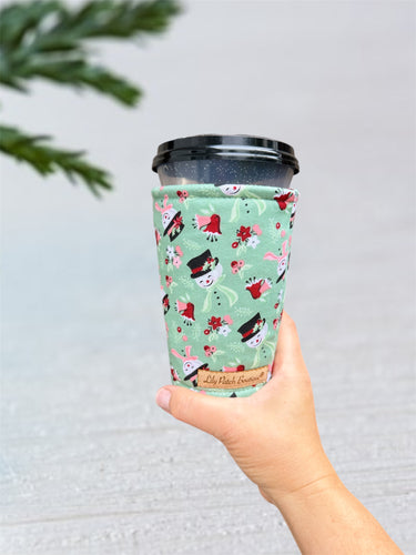 Green Vintage Snowman Insulated Coffee Cozy / Iced Coffee