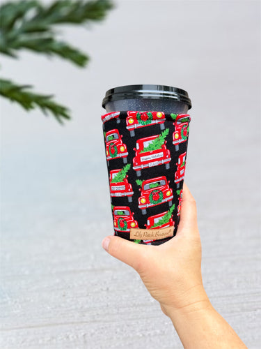 Red Truck, Christmas Truck Insulated Coffee Cozy / Iced Coffee