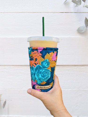 Teal Roses, Orange Florals, Pink Mustard Leaves Insulated Cup Cozy / Coffee Cozy