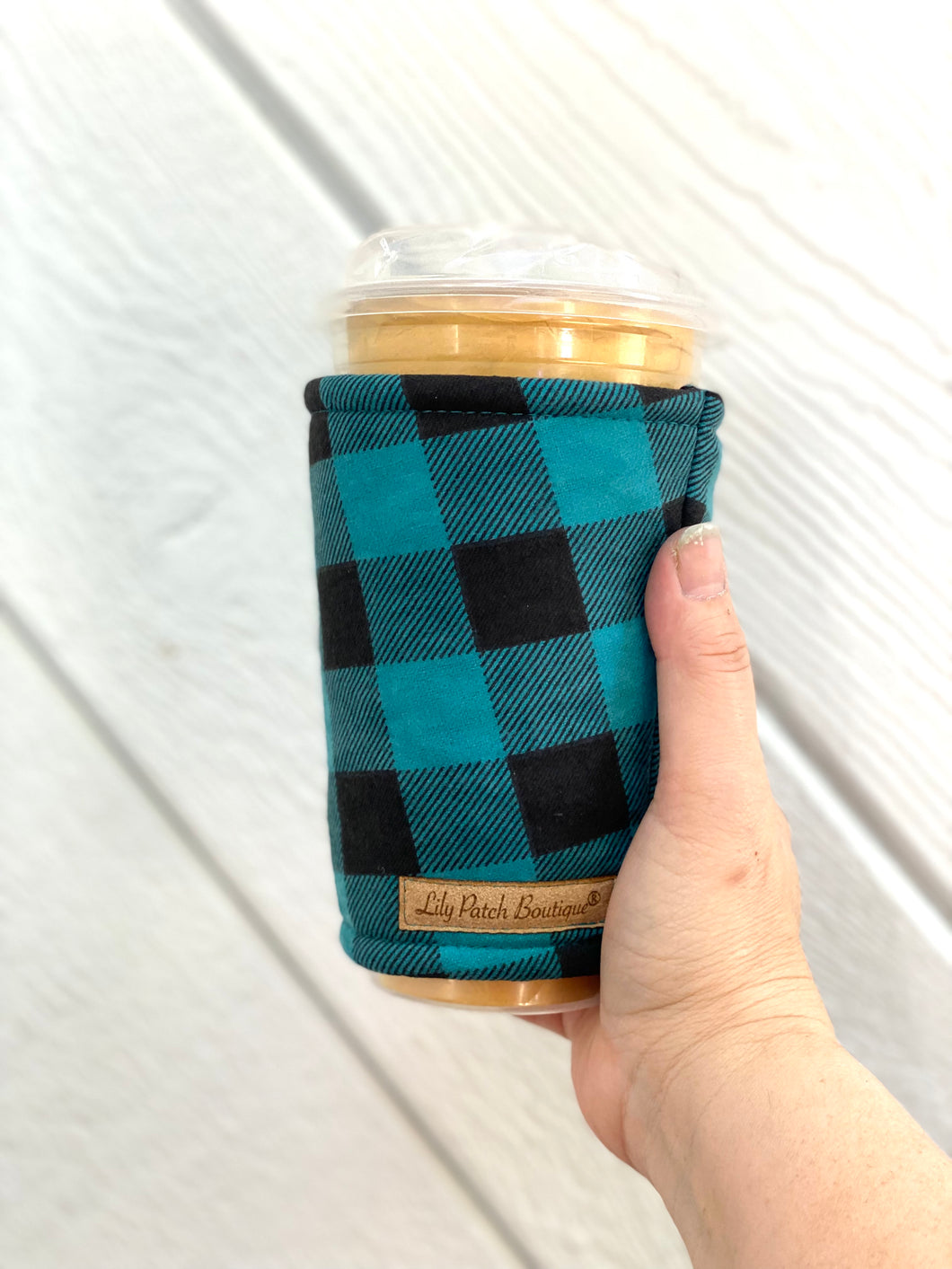 Teal and Black Flannel Plaid Coffee Cozy