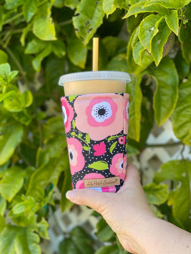 Pink Mimosa Floral on Black Cup Cozy // Coffee Cozy