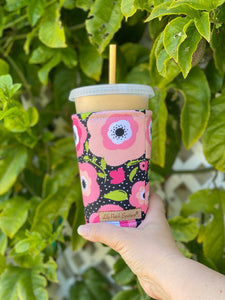 Pink Mimosa Floral on Black Cup Cozy // Coffee Cozy