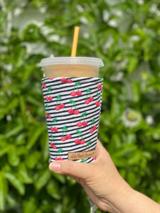 Cherries on Black Stripes Coffee Cozy
