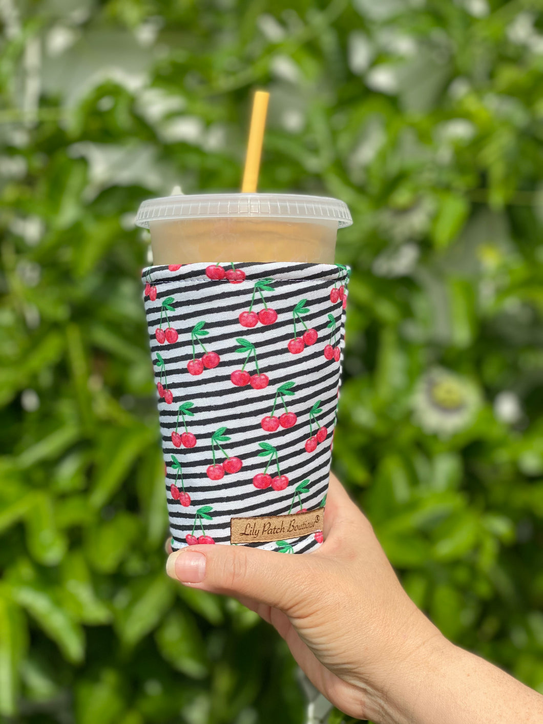 Cherries on Black Stripes Coffee Cozy